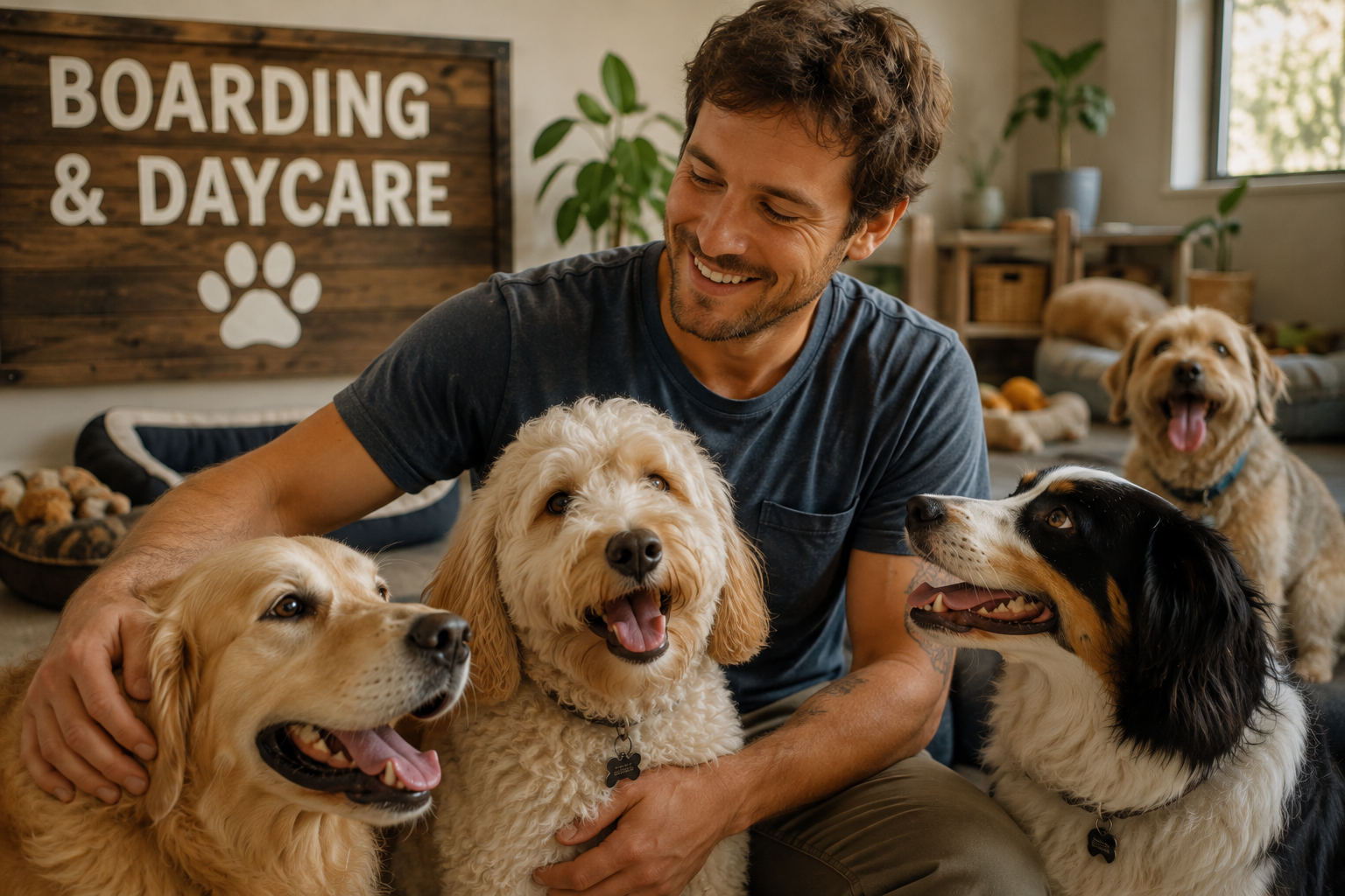 Dog boarding and daycare hero artwork with a dog and pet care scene.