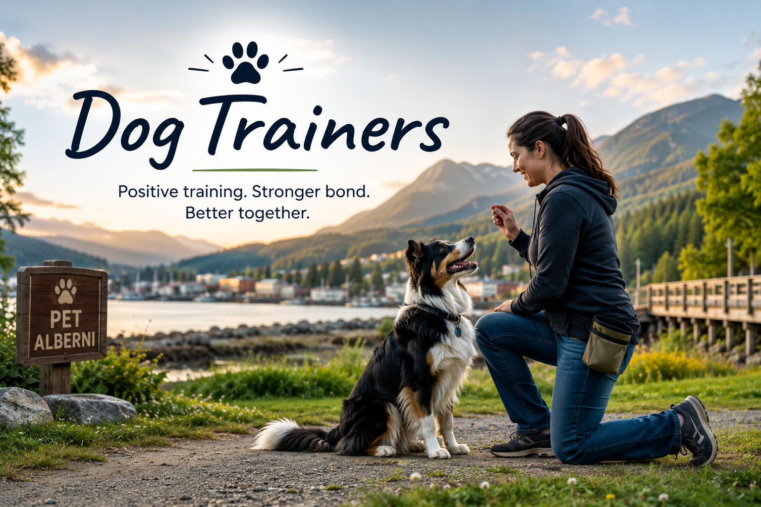 Dog training hero artwork featuring a dog, trainer, and Dog Trainers text.